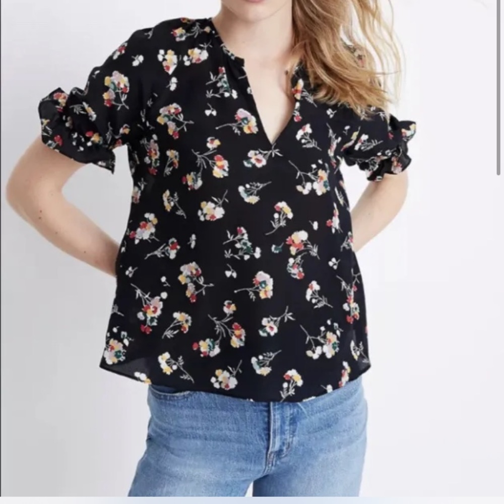 Madewell Silk Notched Ruffle-Cuff Top in Carnation Toss Floral, Size XXS Read